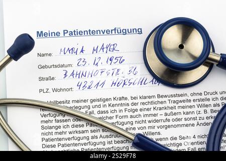 Un testamento vivo in tedesco. Istruzioni per il medico o l'ospedale in caso di malattia terminale. Austria Foto Stock