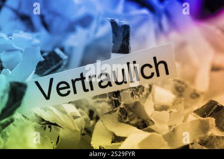 La carta si spezza con la parola chiave Confidential, foto simbolica per la distruzione e la riservatezza dei dati Foto Stock