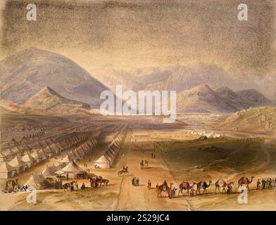 L'accampamento delle truppe guidate dal generale Sir William Nott si trovava sulla vasta pianura di Chaman-e-Shah. Kabul è raffigurato in lontananza. Torreggianti sono soprattutto le alture di Paghman. Questa fu una seconda spedizione inviata per punire gli afghani per la distruzione quasi totale dell'Armata dell'Indo nel 1841. Uno schizzo di Kandahar, nel dicembre 1841. Kandahar fu presa pacificamente e i soldati non ebbero problemi. Dopo Kandahar continuarono a Kabul, dove cominciarono i problemi. L'invasione britannica dell'Aghanistan per l'insediamento di un leader fantoccio fu uno dei peggiori disastri militari della storia Foto Stock
