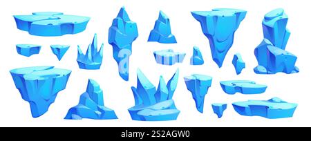 Cristalli di ghiaccio dei cartoni animati e iceberg artico congelato, blocchi di stalagmiti e ghiaccioli, interfaccia utente di gioco vettoriale. Frammenti isolati di ghiaccio blu, ghiacciaio, cristallo d'acqua ghiacciata e floe, ghiaccioli e rocce di montagna innevate Illustrazione Vettoriale