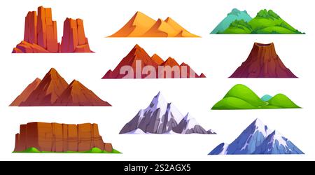 Montagne e colline cartoni animati, cime di neve e rocce, dune di sabbia e icone isolate del vulcano. Paesaggi naturali vettoriali con scogliere di pietra, catene di ghiaccio, canyon nel deserto e valle verde, montagne di cartoni animati Illustrazione Vettoriale