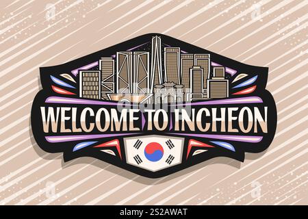 Logo vettoriale per Incheon, etichetta decorativa scura con illustrazione di luci urbane incheon City scape su sfondo notturno, design artistico orizzontale Illustrazione Vettoriale