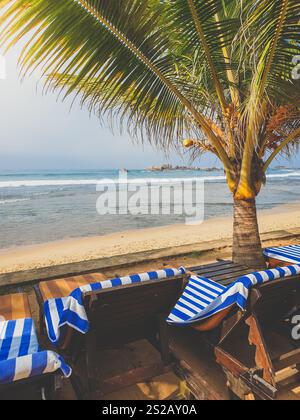 Foto tonificata di lettini in legno in fila sulla spiaggia tropicale dell'isola Foto Stock