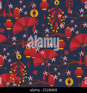 Vettore di motivo lunare Cherry Blossom Illustrazione Vettoriale