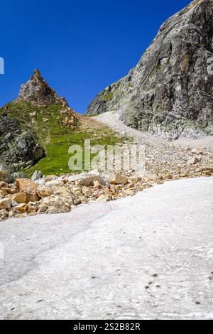 Ghiacciai alpini e il paesaggio innevato di Pralognan la Vanoise. alpi francesi. Foto Stock