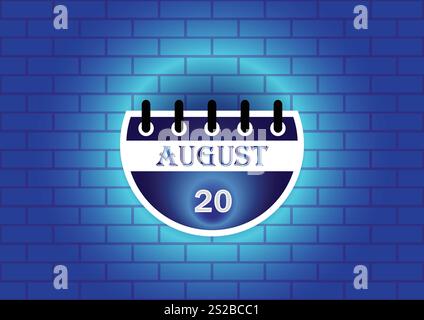 Una pagina di calendario stilizzata che mostra il 20 agosto è esposta sullo sfondo di un muro di mattoni blu. Il design è minimalista e moderno, Illustrazione Vettoriale