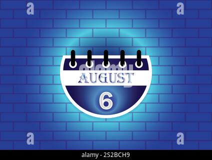 Una pagina di calendario stilizzata che visualizza il 6 agosto. Il design presenta uno schema colore blu scuro e bianco, adagiato su una parete in mattoni blu testurizzati Illustrazione Vettoriale