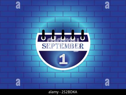 Una pagina di calendario stilizzata che mostra il 1° settembre, evidenziata contro un muro di mattoni blu. Il design è pulito e moderno, adatto a vari usi. Illustrazione Vettoriale