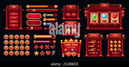 Interfaccia di gioco cinese, pulsanti gui e risorse frame. Finestre dell'interfaccia utente asiatica del vettore cartoni animati, opzioni, piastre delle impostazioni, barre di avanzamento e icone. Pannelli utente, schede, cursori, tasti e pannelli di menu interattivi Illustrazione Vettoriale