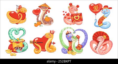 Giorno dei cartoni animati valenti serpenti asiatici con cuori d'amore, celebrando l'amore, la prosperità e le tradizioni del nuovo anno cinese con cuori, buste rosse, frutti mandarini, monete d'oro e accessori festivi Illustrazione Vettoriale