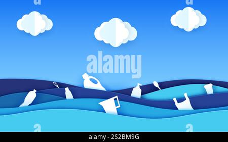 Acqua inquinata con oggetti in plastica in mare o onde oceaniche in carta tagliata, sfondo vettoriale. Ferma l'inquinamento, risparmia l'ecologia del mare e l'ambiente oceanico striscione tagliato in carta con bottiglie di plastica e sacchetti di plastica Illustrazione Vettoriale