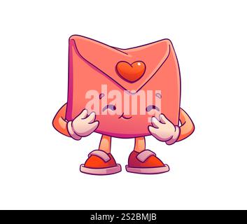 Personaggio cartoni animati con busta rosa di san valentino e simbolo del cuore. La posta vettoriale isolata delle vacanze o la lettera di un personaggio comico retrò sorridente e trasuda atmosfere romantiche. Messaggio d'amore per festeggiare Illustrazione Vettoriale