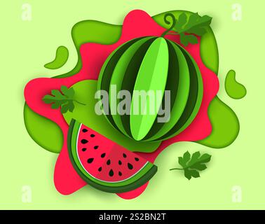 Succo di frutta di anguria tagliato in carta con spruzzi per la confezione di prodotti per bevande, sfondo vettoriale. Anguria intera e mezza fetta in strati di carta tagliati di gocce da spruzzo per succo di frutta e bevande Illustrazione Vettoriale