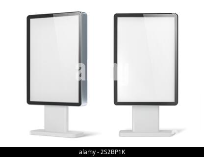 La luce 3D realistica pubblicizza il mockup da esposizione o lo stand da esterno, la scatola luminosa vettoriale. Espositore di informazioni o espositore pubblicitario con cornice per chiosco informativo o stand POS e mockup light box promozionale Illustrazione Vettoriale