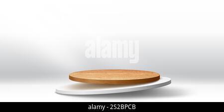 Palco rotondo in legno e bianco o vetrina per l'esposizione dei prodotti, piedistallo vettoriale. Palco in legno realistico e piattaforma rotonda bianca che si solleva in aria per l'esposizione e il mock-up della vetrina Illustrazione Vettoriale