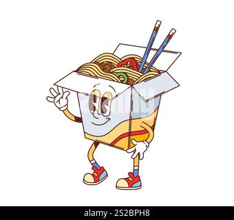 Cartoon Groovy fast food Wok Noodles character. Fast food di cucina asiatica, menu da asporto Wok con spaghetti o scatola per zuppe con bacchette, carattere vettoriale isolato e retrò Illustrazione Vettoriale