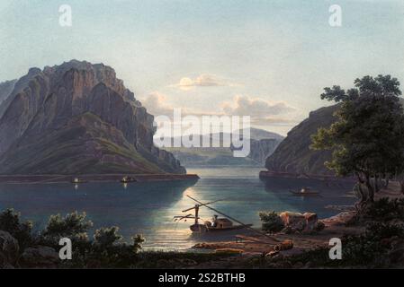 Veduta delle rocce di Loreley e della pesca del salmone sul Reno, Renania-Palatinato, Germania, vista intorno al 1830, riproduzione restaurata digitalmente di un originale del XIX secolo di Johann Ludwig Bleuler (12.02.1792 - 28.03.1850), disegnatore e pittore svizzero, Blick auf die Loreley-Felsen und den Lachsfang am Rhein, Rheinland-Pfalz, Deutschland, Ansicht um 1830, digital restaurierte Vorlaus 19. Jahrhundert von Johann Ludwig Bleuler (12.02.1792 - 28.03.1850), Schweizer Zeichner und Maler Foto Stock