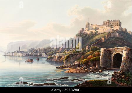 Vista da St. Goarshausen e le rovine di Rheinfels alla roccia di Loreley, Renania-Palatinato, Germania, vista intorno al 1830, riproduzione restaurata digitalmente di un originale del XIX secolo di Johann Ludwig Bleuler (12.02.1792 - 28.03.1850), disegnatore e pittore svizzero, Blick von St. Goarshausen und der Ruine Rheinfels auf den Loreley-Felsen, Rheinland-Pfalz, Deutschland aus, Deutschland, Ansichrit Digital Reprodution 19, Anprodut 1830. Jahrhundert von Johann Ludwig Bleuler (12.02.1792 - 28.03.1850), Schweizer Zeichner und Maler Foto Stock