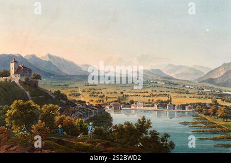 Vista del castello di Werdenberg e della valle del Reno nel cantone di San Gallo in Svizzera, vista intorno al 1830, riproduzione restaurata digitalmente di un originale del XIX secolo di Johann Ludwig Bleuler (12.02.1792 - 28.03.1850), disegnatore e pittore svizzero, Blick auf das Schloss Werdenberg und das Rheintal im Kanton St. Gallen in der Schweiz, Ansicht um 1830, digital restaurierte Reproduktion einer Vorlaus 19. Jahrhundert von Johann Ludwig Bleuler (12.02.1792 - 28.03.1850), Schweizer Zeichner und Maler Foto Stock