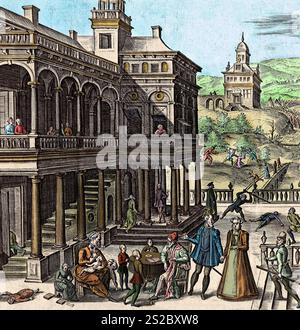 Enrico II e Caterina de' Medici portano l'astrologo Nostradamus alla corte per consultarlo sul destino dei loro figli, 1558 - Foto Stock