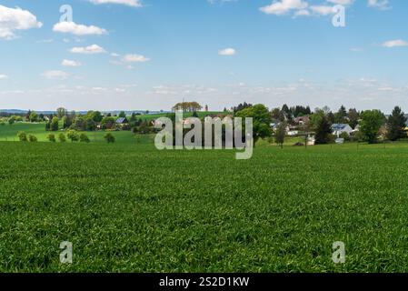 Splendido paesaggio vicino alla torre di osservazione di Bismarcksaule sopra la città di Markneukirchen in Germania durante la primavera Foto Stock