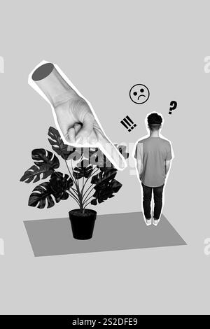 Collage fotografico di giovane sconvolto insoddisfatto ragazzo abusato offensivo soffrire dito punto punizione persona isolato su sfondo di colore rosa Foto Stock