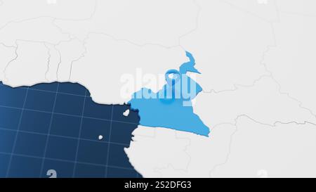 Mappa 3d blu del Camerun con puntino circondato da altri paesi in bianco. Mappa politica con i confini. illustrazione di rendering 3d. Foto Stock