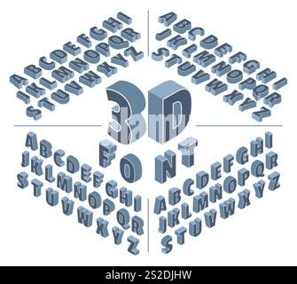 Alfabeto isometrico. Progettazione di font 3D. Angoli o proiezioni diversi. Caratteri tipografici maiuscoli. ABC latina tridimensionale. Uppercas geometriche retrò Illustrazione Vettoriale