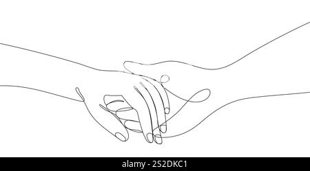 Disegno continuo delle mani di un uomo e di una donna che si tengono l'un l'altro, Illustrazione Vettoriale