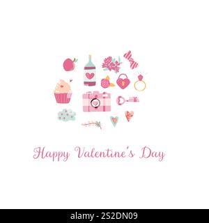 Celebrazione di San Valentino con decorazioni a tema d'amore. Illustrazione Vettoriale