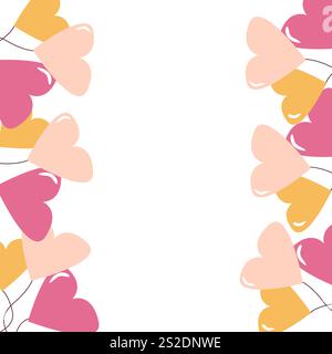 Palloncini colorati a forma di cuore incorniciano su sfondo bianco. Illustrazione Vettoriale