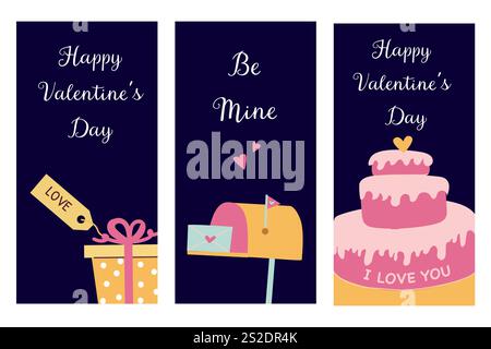 Romantici biglietti per san valentino con regali, cuori e torte per festeggiare con amore. Illustrazione Vettoriale