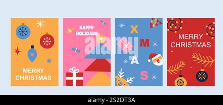 Vivaci disegni di biglietti di auguri natalizi e natalizi con elementi natalizi. Illustrazione Vettoriale