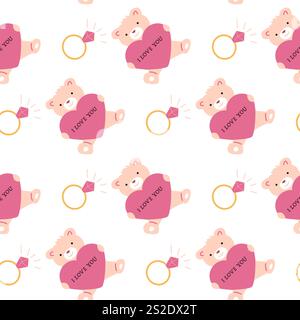 Simpatico motivo a forma di cuore rosa orsacchiotto con anelli e gemme. Illustrazione Vettoriale
