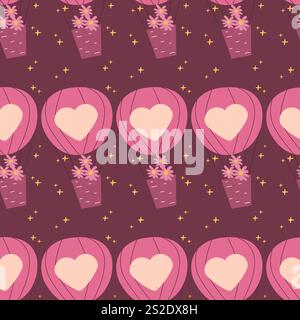 Romantico motivo a mongolfiera con cuori e stelle sullo sfondo marrone. Illustrazione Vettoriale