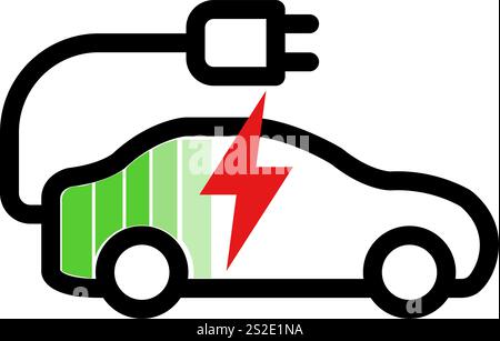 Auto elettrica di ricarica EV con icona della spina e barra dell'indicatore di carica, parcheggio per veicoli elettrici e segnale della stazione di ricarica. illustrazione vettoriale Illustrazione Vettoriale