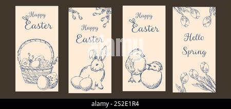 Set di biglietti di auguri con inchiostro grafico per buona pasqua. Disegno a mano di un contorno di coniglio, uova, pollo, fiori primaverili e rose. Disegno a matita. Illustrazione Vettoriale