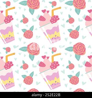 Frullato di fragole pastello e motivo di rose con cuore. Illustrazione Vettoriale