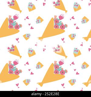 Bouquet floreale stravagante e motivo a busta con cuori. Romantico sfondo di San Valentino. Illustrazione Vettoriale