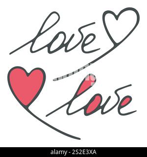 Parola d'amore, composizione a forma di cuore per la scheda web. Scritta disegnata a mano, stile cartoni animati a doodle. Scrittura dei contorni, grazioso web design di colore rosso, isolato Illustrazione Vettoriale