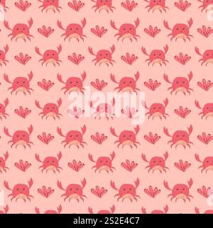 Simpatico motivo granchio rosa e conchiglia su sfondo chiaro. Illustrazione Vettoriale
