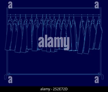 Disegno con linea blu di una fila di vestiti appesi su un rack. Gli abiti sono tutti diversi colori e stili, e il rack è alto e stretto. Concetto di Illustrazione Vettoriale