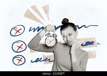 Collage creativo giovane donna sveglia suoneria gestione tempo attività progetto elenco completamento completamento scadenza completamento disegno sfondo disegno completato Foto Stock