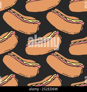 Schema hot dog senza cuciture. informazioni generali sui fast food. Disegno del cibo Foto Stock