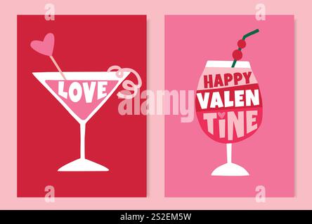 Auguri di San Valentino, inviti. Bicchieri da cocktail con scritta isolata su sfondo rosa-rosso. Compleanno, festa di nozze Illustrazione Vettoriale