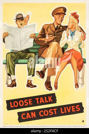 American World War II Propaganda poster (British and American Ambulance Corps., 1942). Adolf Hitler sta ascoltando "parlare liberamente può costare vite". R. John Holmgren Foto Stock
