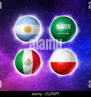 Palline da calcio con bandiere delle squadre del gruppo C, competizione di calcio Qatar 2022. Illustrazione 3D. Spazio cielo sfondo Foto Stock