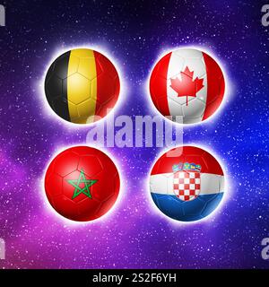 Palline da calcio con bandiere delle squadre del gruppo F, competizione di calcio Qatar 2022. Illustrazione 3D. Spazio cielo sfondo Foto Stock