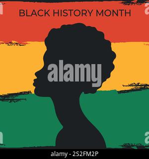 Profilo donna africana silhouette su sfondo dipinto rosso, giallo, verde. Il mese della storia nera festeggia. Illustrazione vettoriale Illustrazione Vettoriale