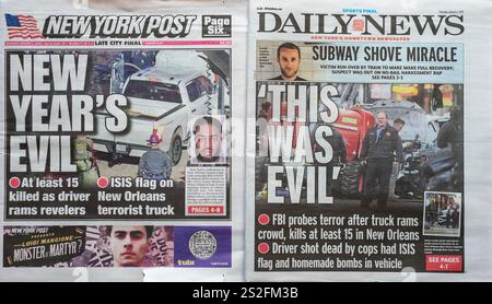 Le prime pagine dei giornali New York Daily News and Post di giovedì 2 gennaio 2025 usano titoli simili per riferire sulla carneficina di Capodanno a New Orleans dopo che il conducente di un veicolo, presumibilmente il defunto Shamsud-DIN Jabbar, ha investito folle su Bourbon Street (© Richard B. Levine) Foto Stock